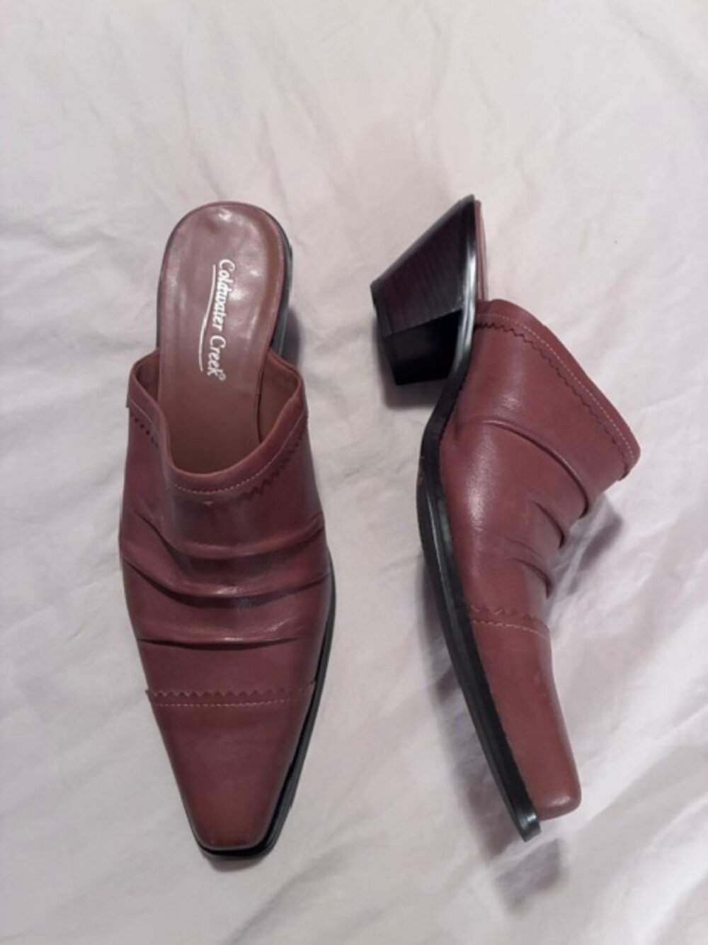 NWOB Coldwater Creek Brown/Burgundy Leather Heeled Mules Slide Clogs Size 11M